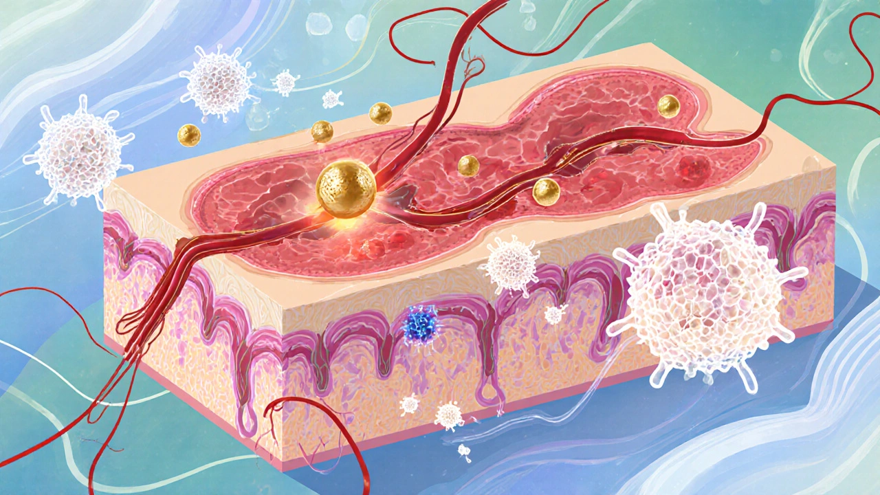 Ilustrace ukazující proud krevní, endorfiny a aktivní imunitní buňky.
