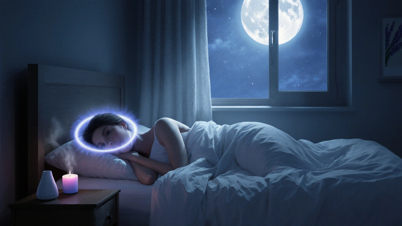 Klidná postel v měsíčním svitu, spící osoba v hlubokém spánku, kolem ní jemná aura klidu.