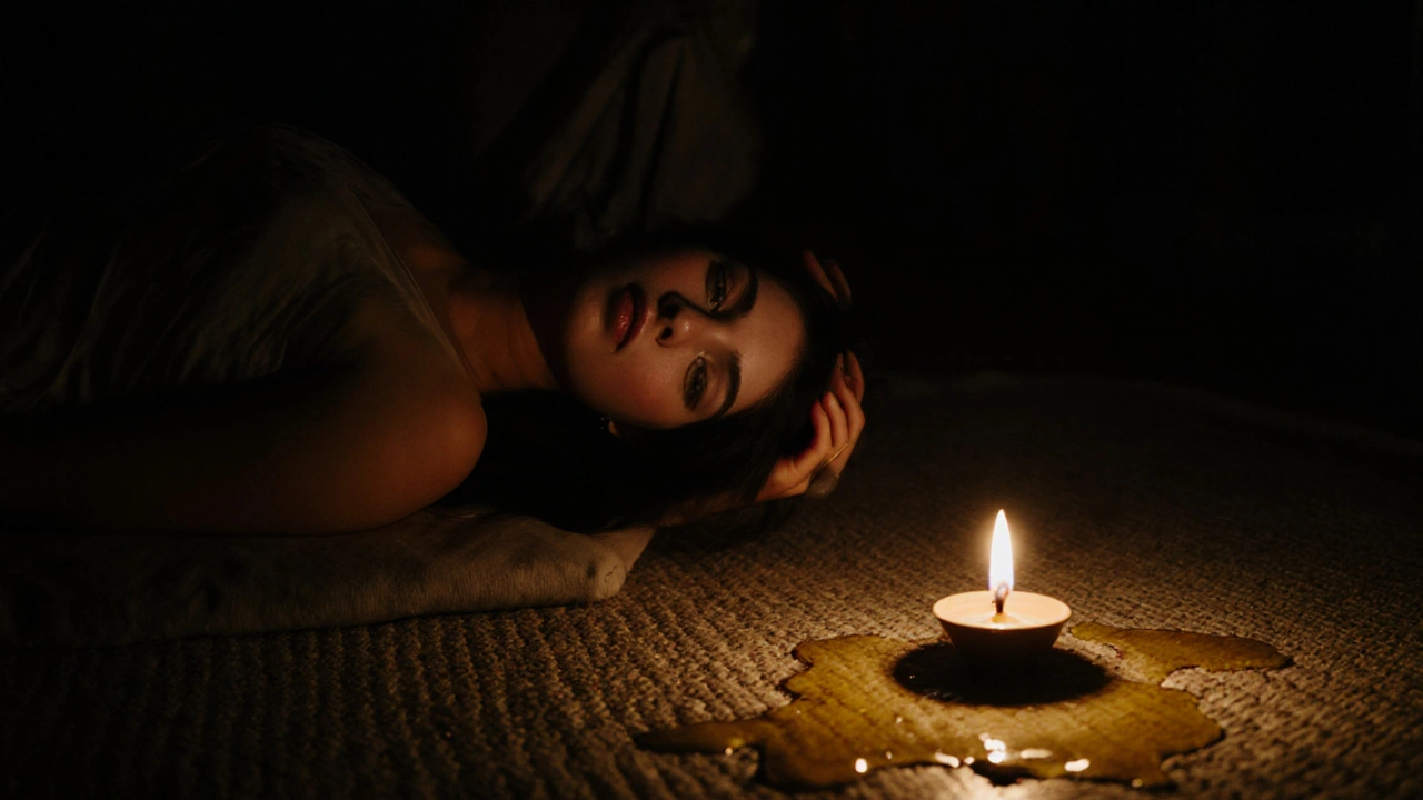 Osoba leží v klidu s rukama na hlavě, okolo ní kapky oleje a měkké světlo.