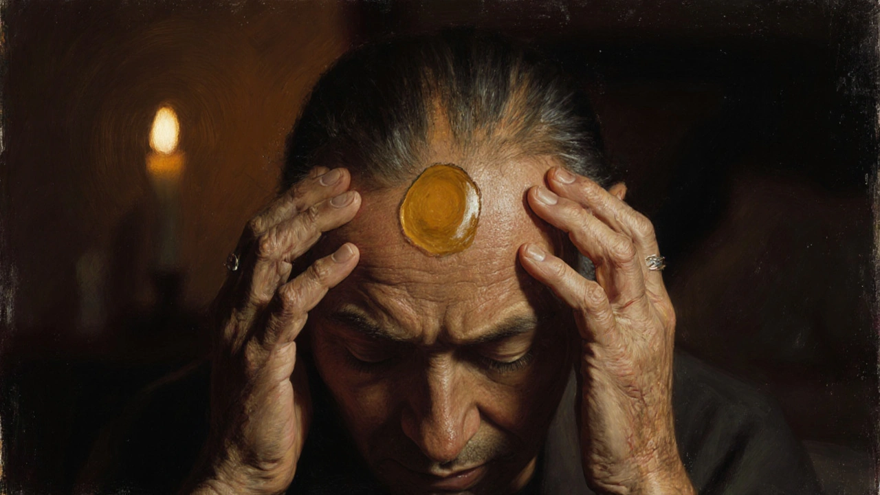 Ruce masírují čelo a spánky s použitím zlatého oleje v teplém světle.