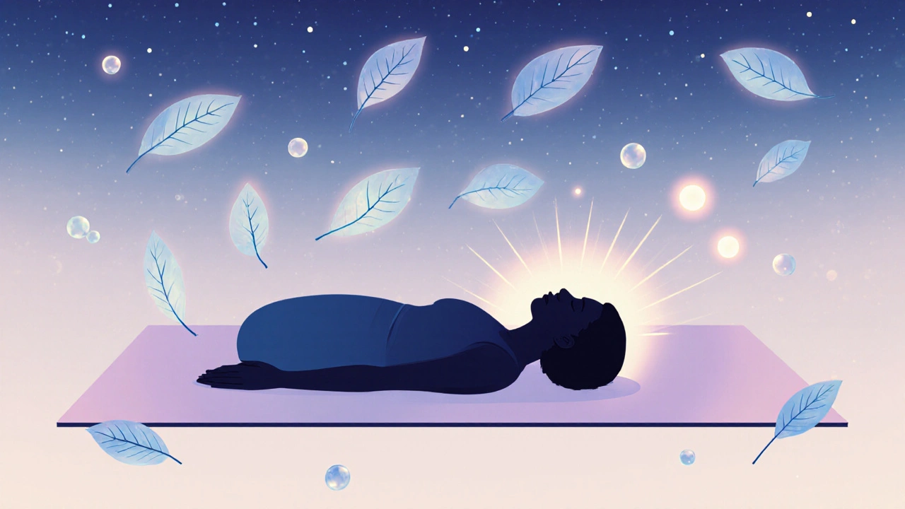Silhueta ležící na podložce pod hvězdnou oblohou s plovoucími listy.