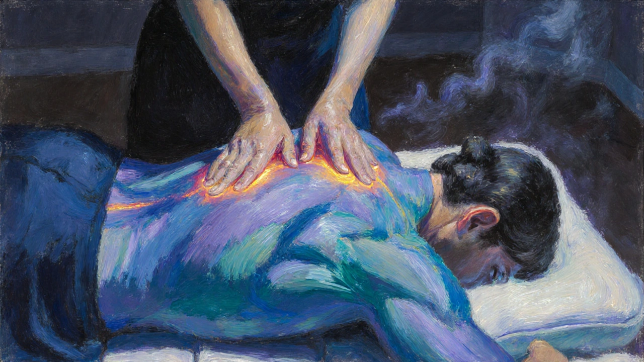 Terapeut masíruje zadní svaly, ruce vykreslené s jemným světelným proudem, zobrazuje uvolnění napětí.