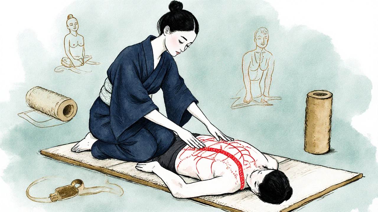 Terapeut provádí Shiatsu na klientovi, okolo jsou náznaky dalších moderních technik.