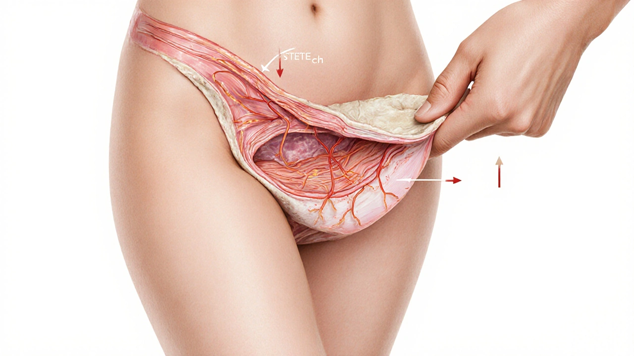 Anatomický náčrt perinea s jemným roztahováním tkání a zvýšeným krevním oběhem.