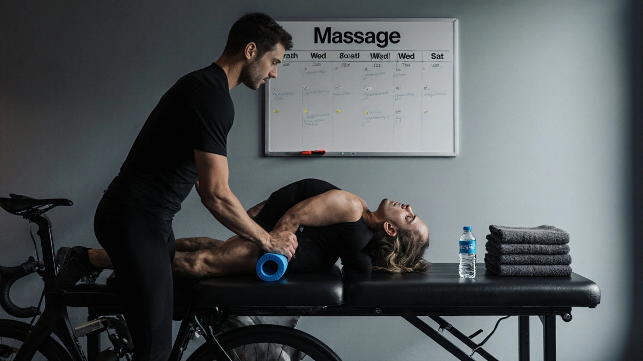 Cyklista si nechává masírovat stehna v sportovní klinice s plánem tréninku na pozadí.