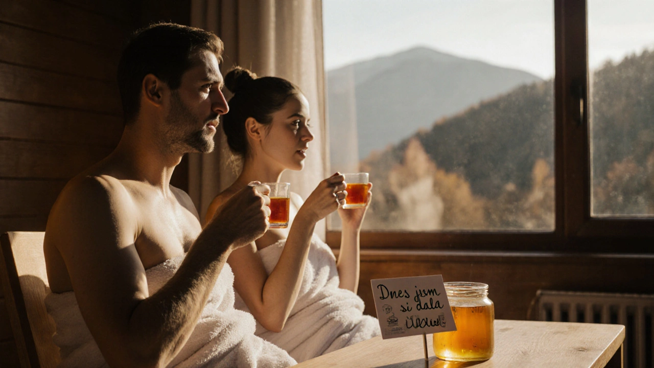 Dva lidé po medové masáži, pijí bylinný čaj a klidně se usmívají.