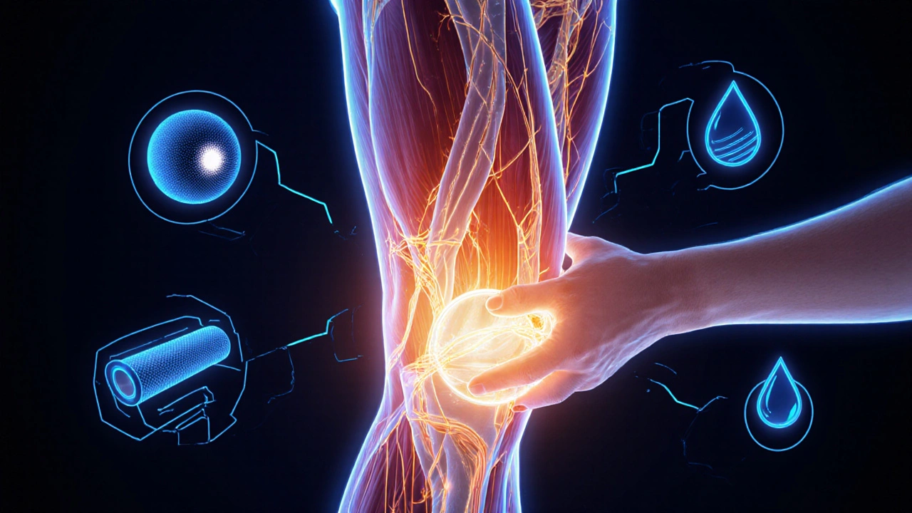 Koncepční obrázek svalů a fascií s ruční masáží a symboly obnovy.