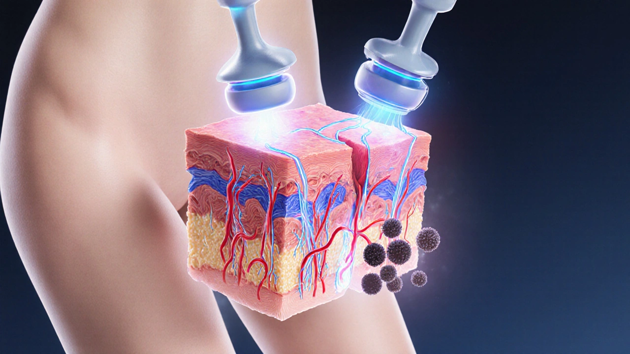 Křížový řez podkožní tkáně na bocích, kde se rozkládají tukové uzly pomocí vakua a válců, s proudy lymfy a krve.