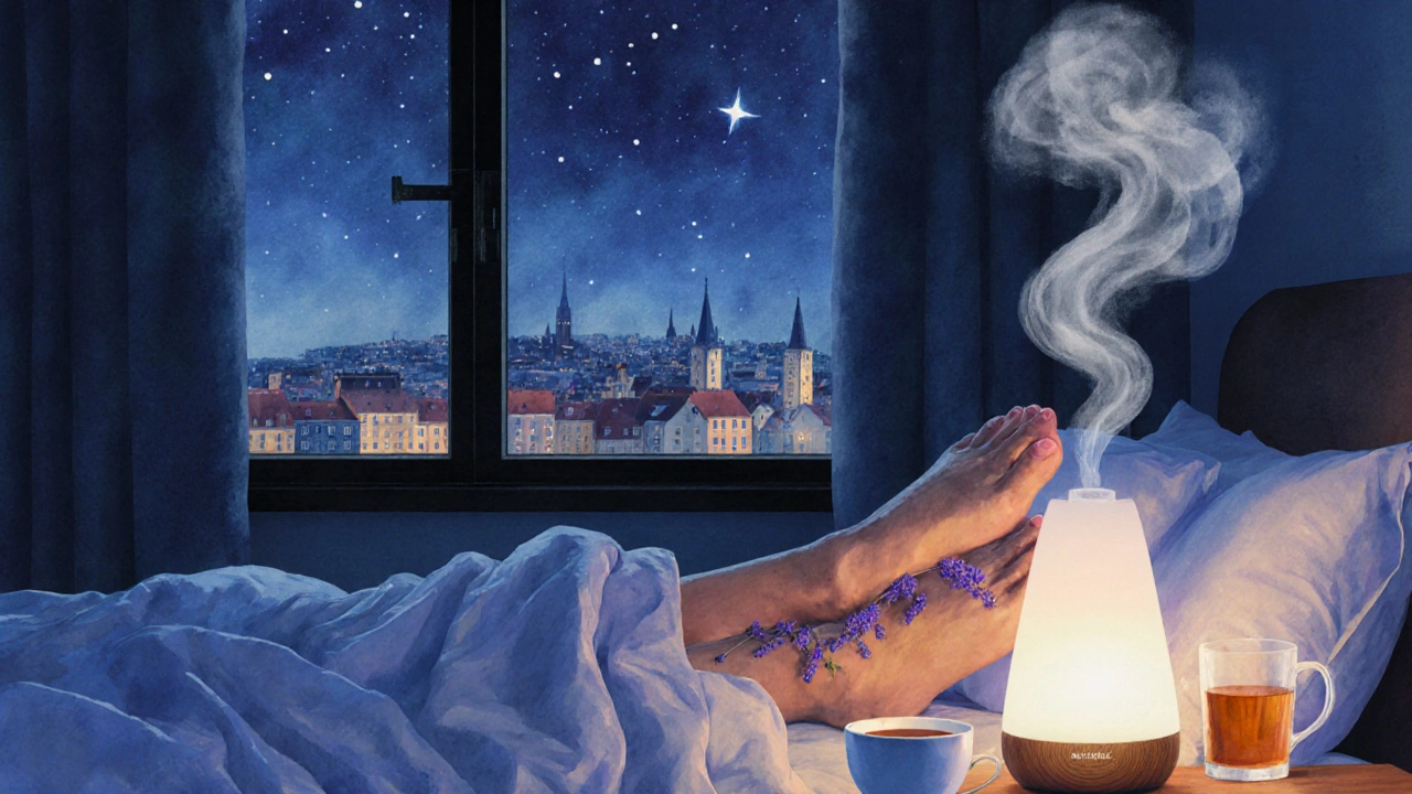 Osoba si doma namáčí nohy olivovým olejem s lavandulí před spaním.