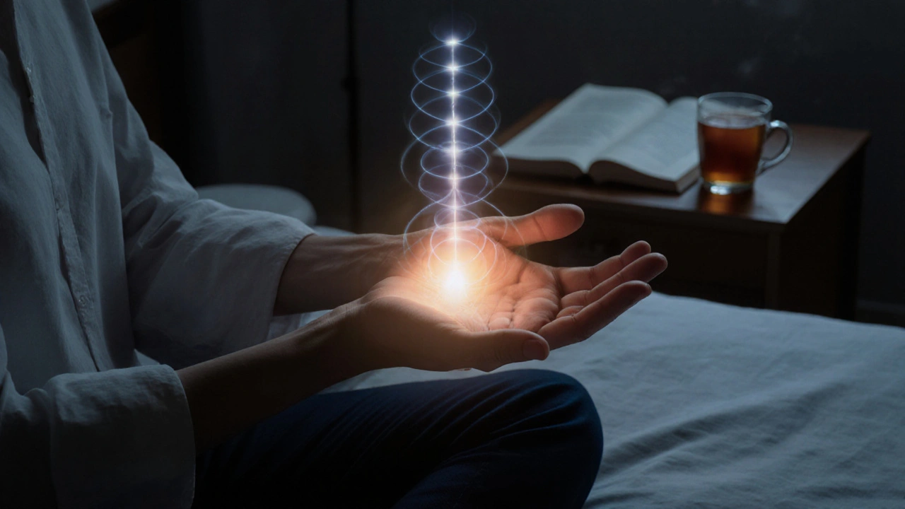 Osoba si samostatně provádí čínskou masáž na ruce, stiskem bodu Zu San Li.