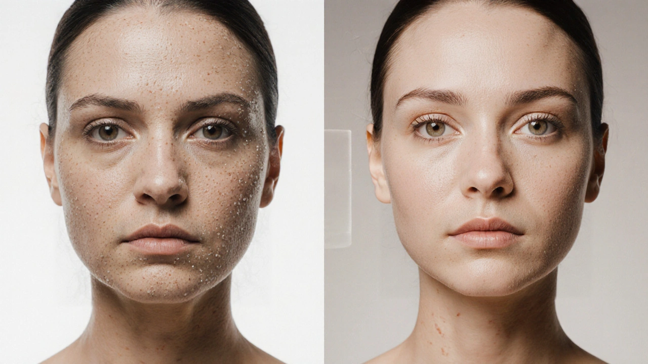 Porovnání tváře před a po baňkování: zatlačená kůže vs. svěží a zářivá kůže.