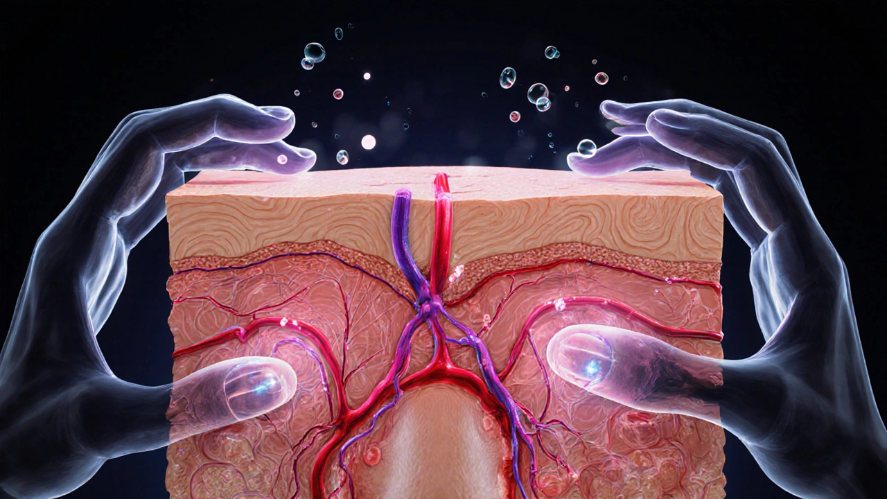 Průřez kůže s aktivovanými kapilárami a prouděním živin pod vlivem masáže