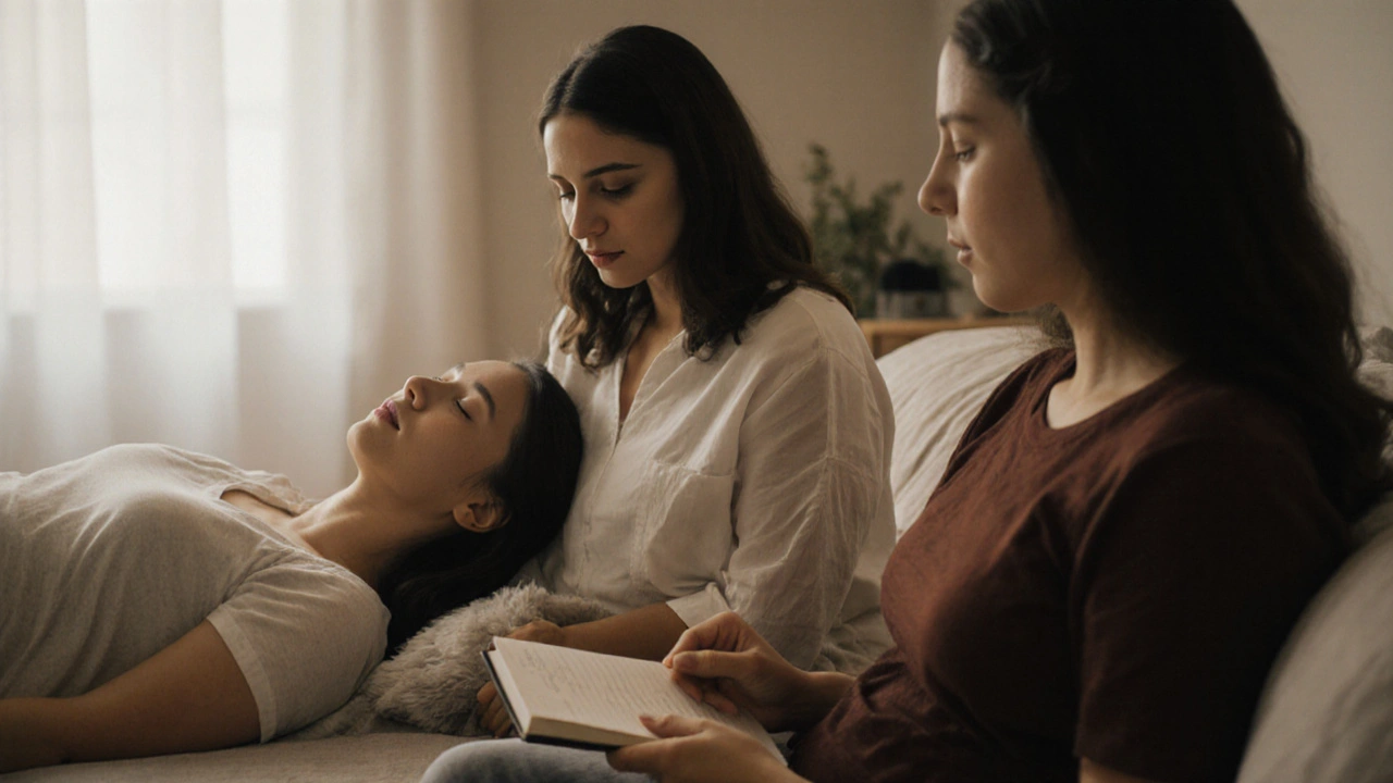 Skupina žen v různých fázích po porodu provádí péči o perineum v klidném prostředí.