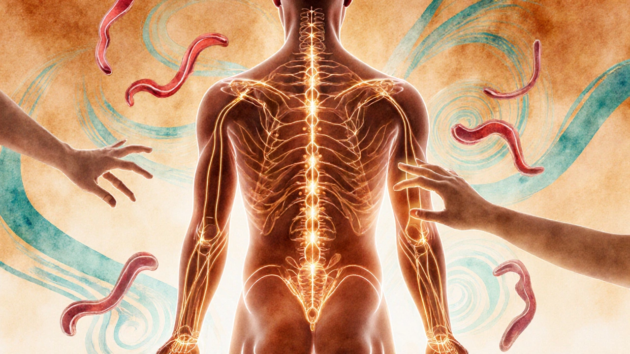 Tělo s viditelnými energetickými linkami a prouděním krve a lymfy, symbolizující uvolnění a detoxikaci.