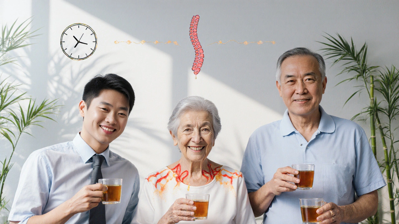 Tři lidé po thajské masáži, klidně pijií bylinný čaj, cítí se uvolněně a obnoveně.