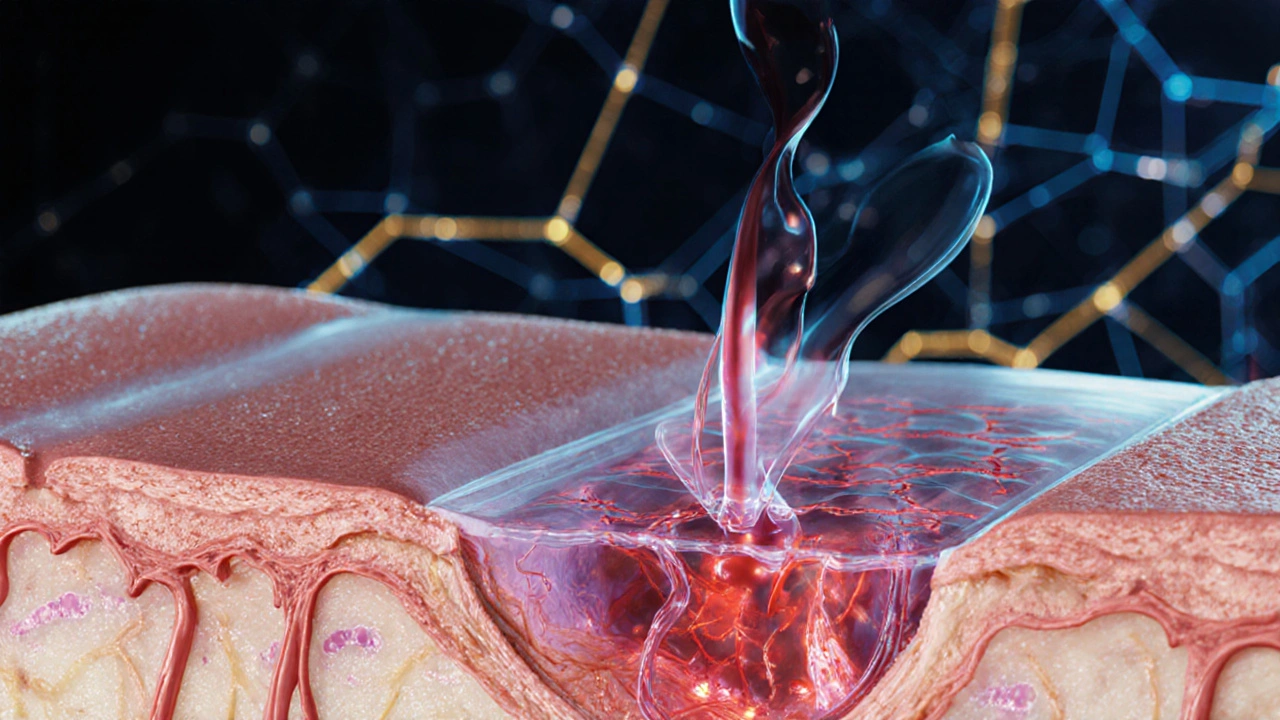 Uvnitř kůže viditelný proud krve a lymfy směřující k srdci při baňkování.