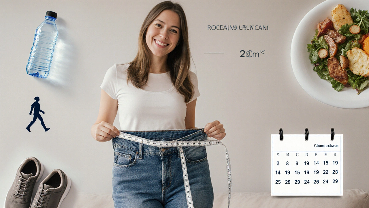 Žena s měřením obvodu stehna, vedle ní voda, obuv a jídlo bez soli — znázorňuje trvalé změny po sérii masáží.