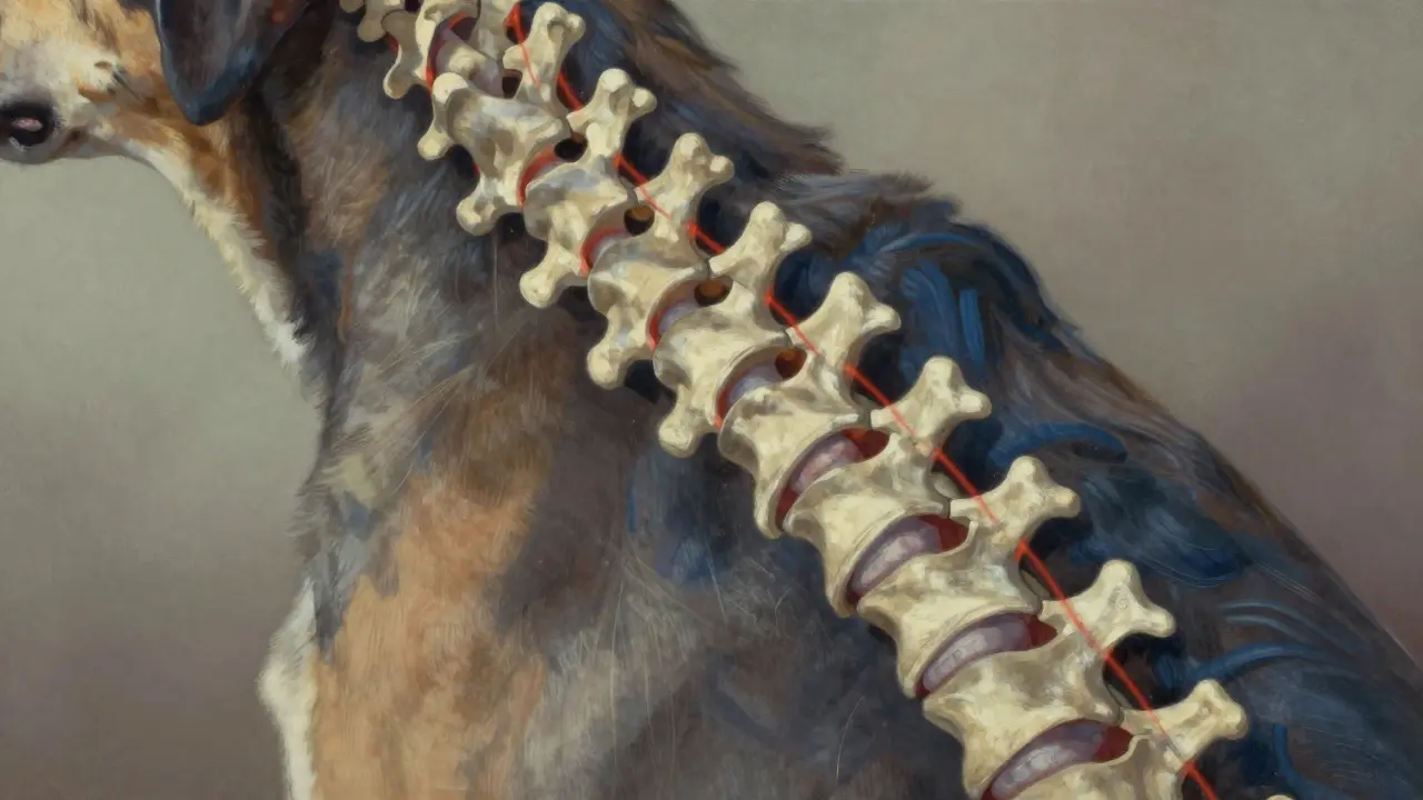 Ilustrace psí páteře s kostními výrůstky podél obratlů a poškozenými ploténkami.