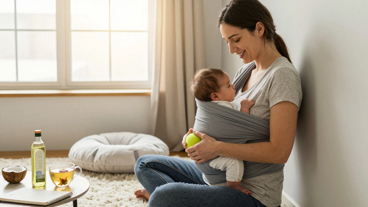 Matka si sama masíruje záda pomocí tenisového míčku s dítětem v šálu.