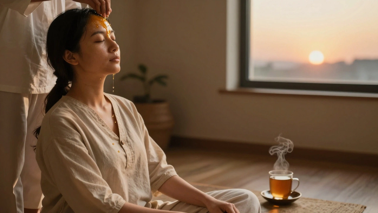 Osoba zažívá shirodháru s teplým olejem stékajícím z čela při ranním světle.