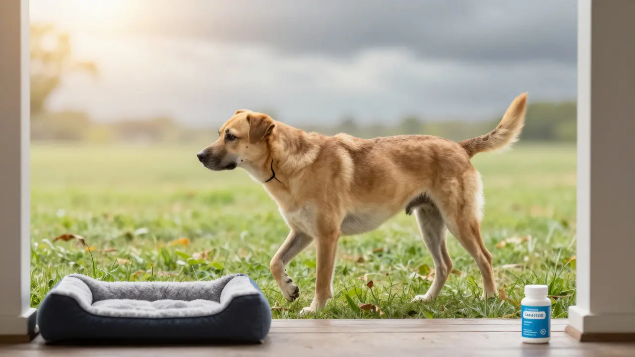 Pes se zastaví při procházce, jedna zadní noha tenčí, za ním změna počasí.