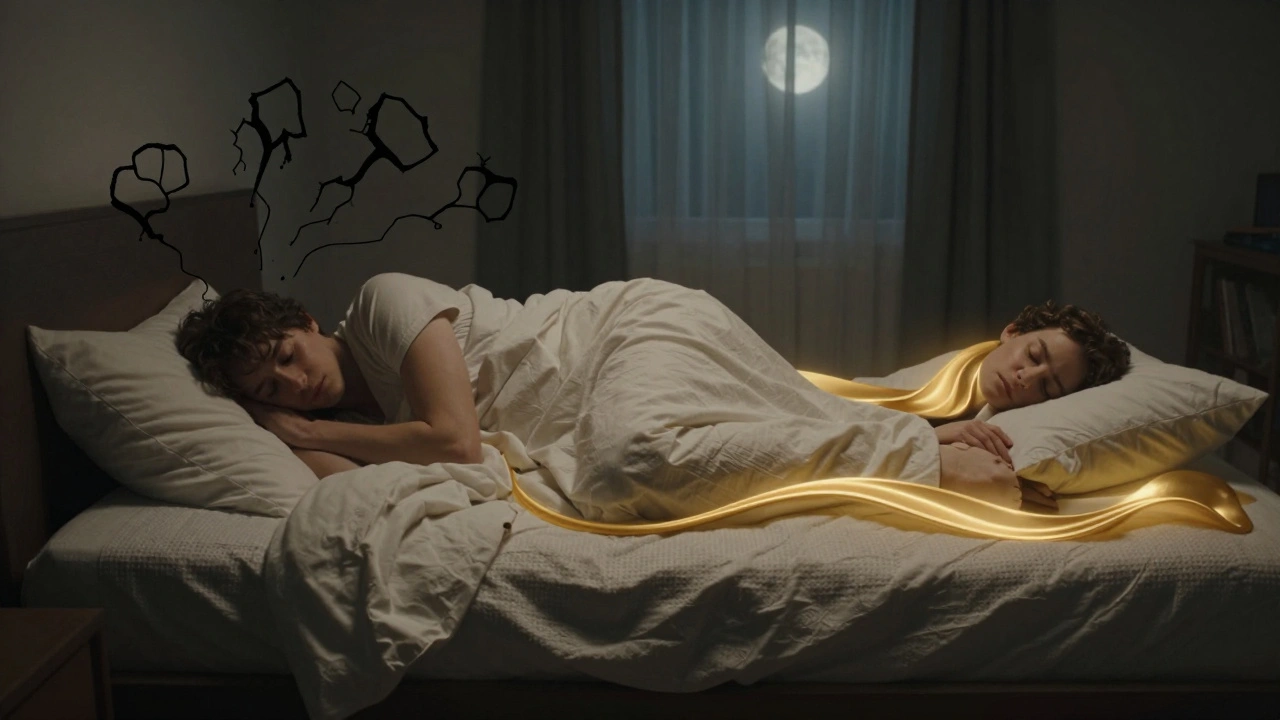 Před a po: napětí a nespavost vlevo, klidný spánek s energií vpravo, symbolicky znázorněno.