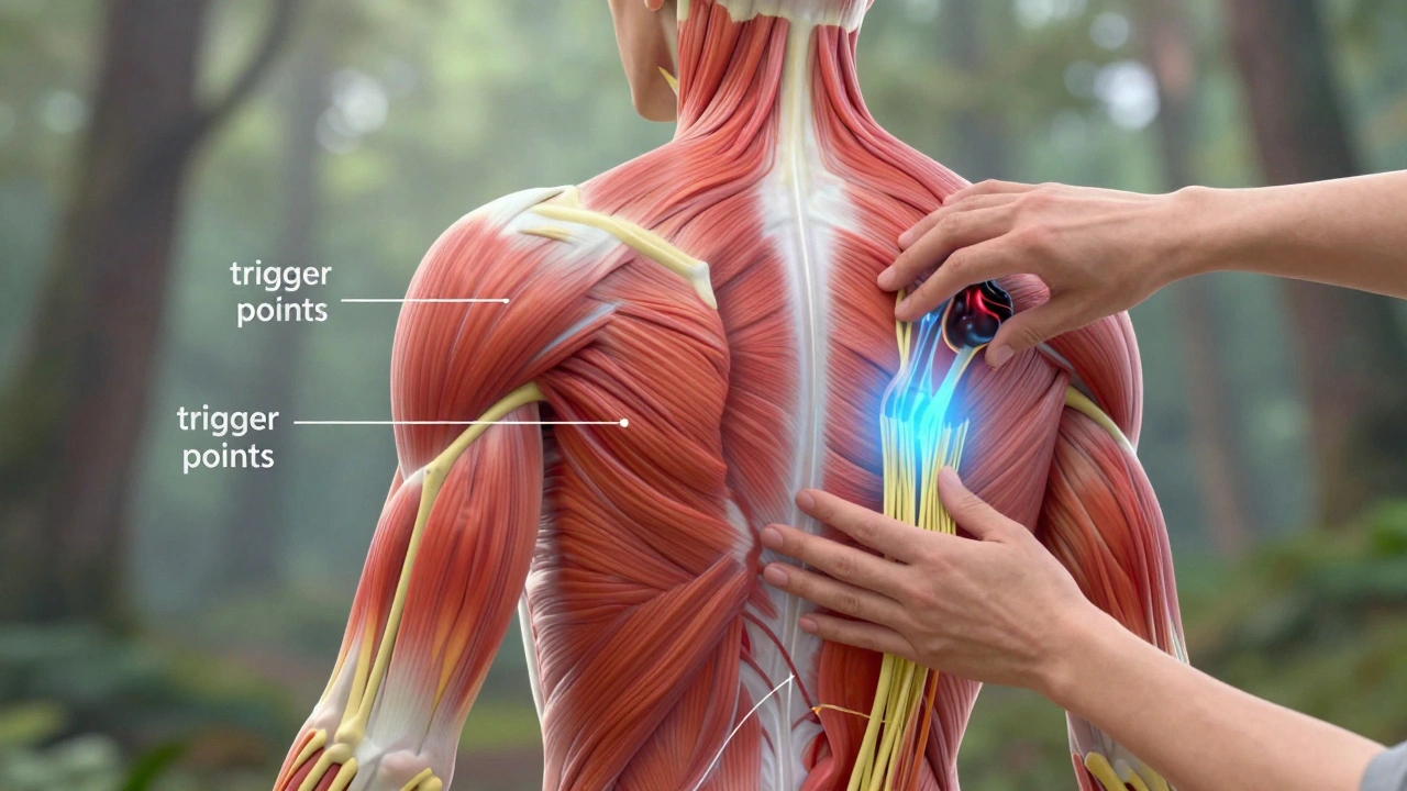 Průhledný náčrt těla s napjatými fasciemi a trigger body, které se uvolňují pod rukama terapeuta.