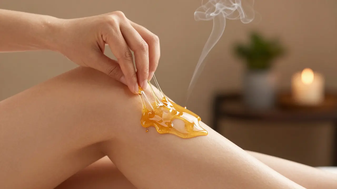 Ruce pomalu odlepují med od kůže na stehně, s vlákny medu mezi prsty a kůží.