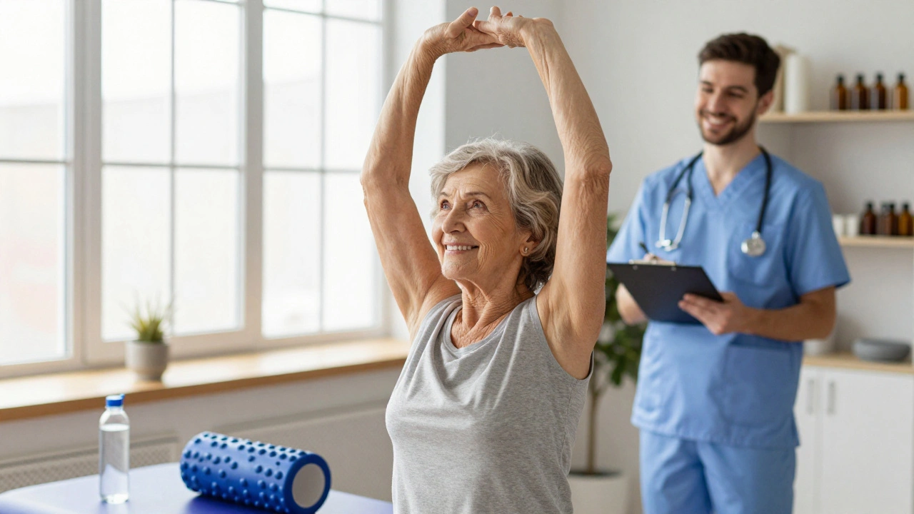 Starší žena se roztaženě usmívá po masáži, slunce osvětluje její uvolněné ramena.