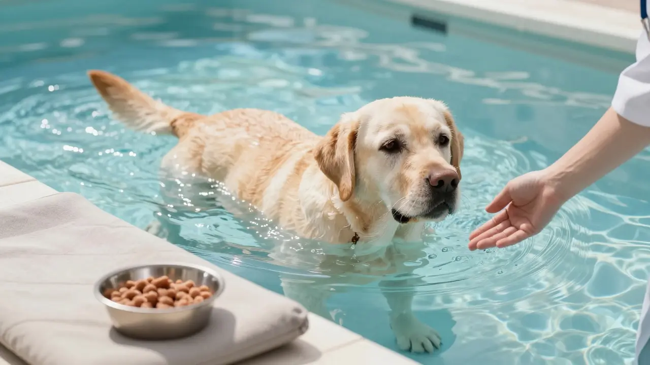 Starý labrador plave v mírné vodě, symbolizující bezbolestnou fyzioterapii.