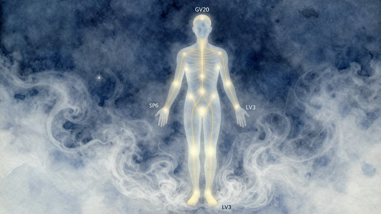 Tělo s viditelnými energetickými cestami a klíčovými body Shiatsu, které září v modré a zlaté barvě.