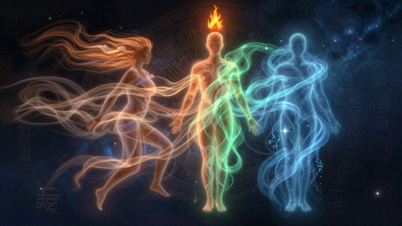 Tři energetické složky dosh – Vata, Pitta a Kapha – znázorněny jako proudy energie kolem lidského obrazu.