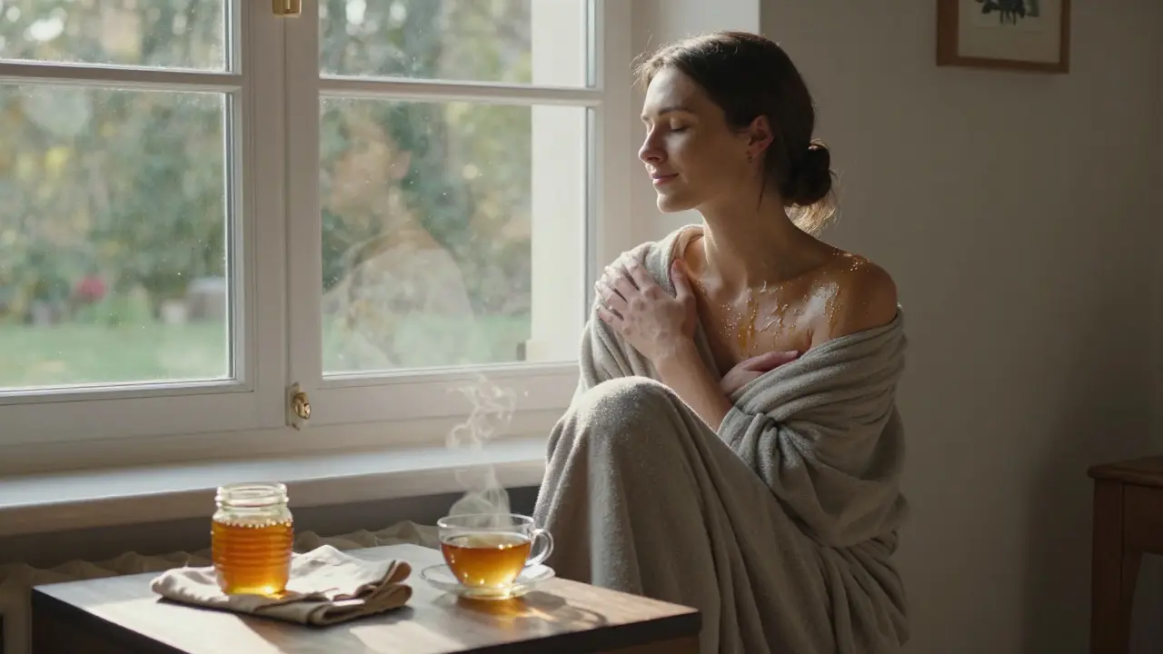 Žena sedí v klidu v wellness centru, obalená v plátně, s jemným leskem medu na kůži a slunečním světlem na obličeji.