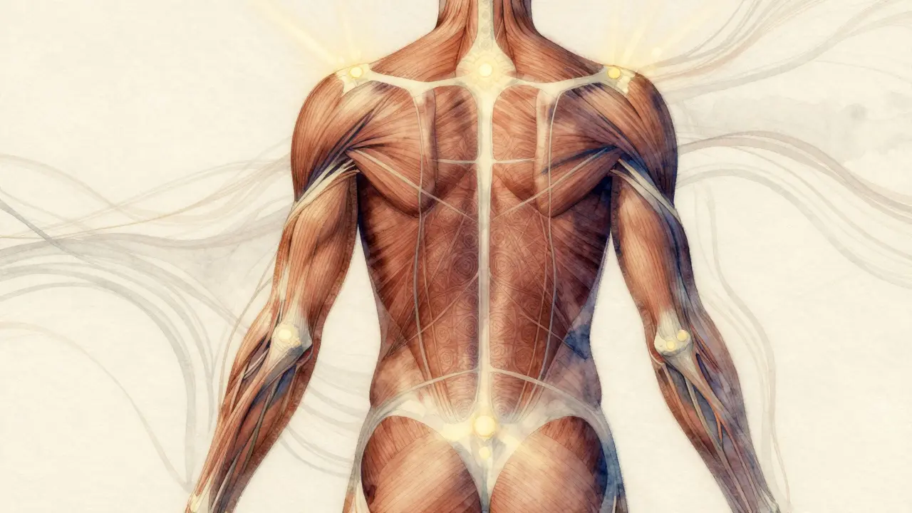 Abstraktní znázornění energetických linek v zádech s uvolňujícími vlnami.