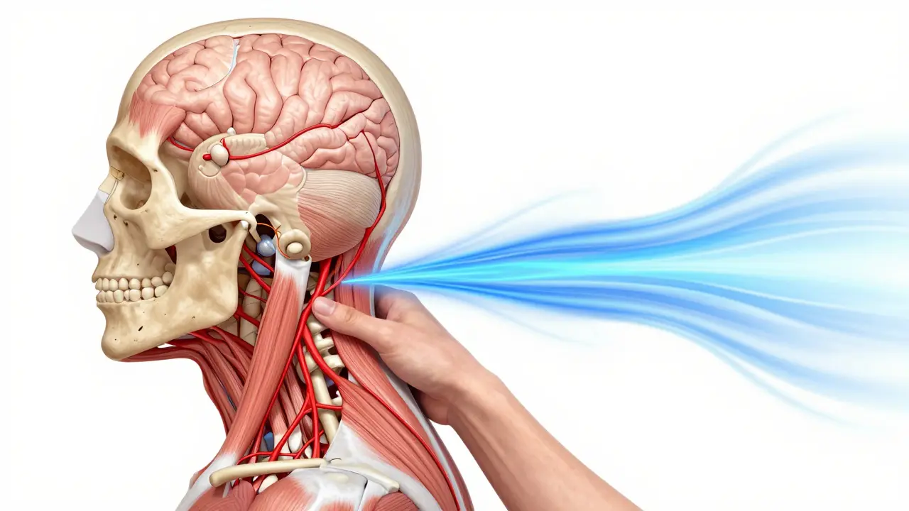 Anatomický náčrt krku a lebky s uvolňujícími masážními vlnami přes napjaté svaly.