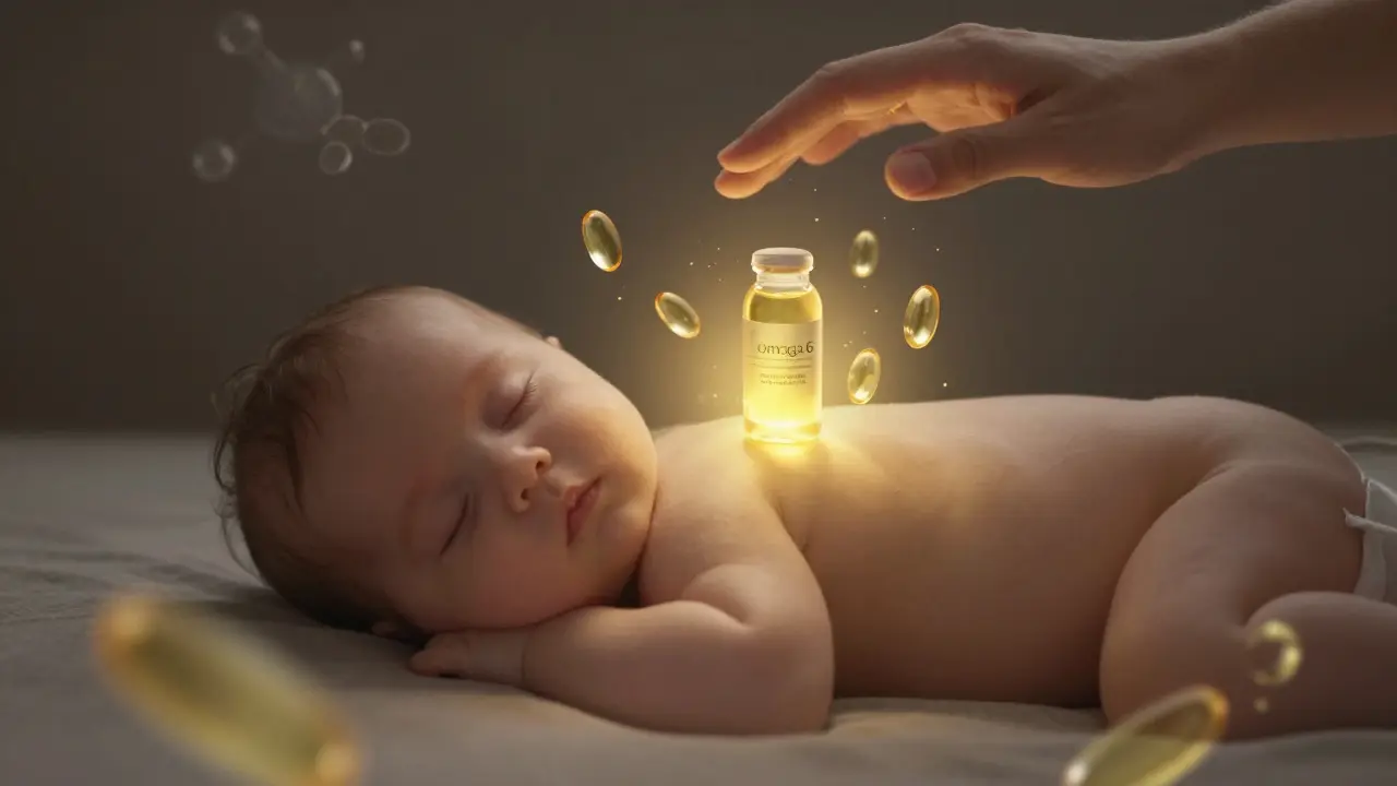 Dítě spí v klidu, jeho kůže září jemným zlatým světlem jako symbol ochranné bariéry.