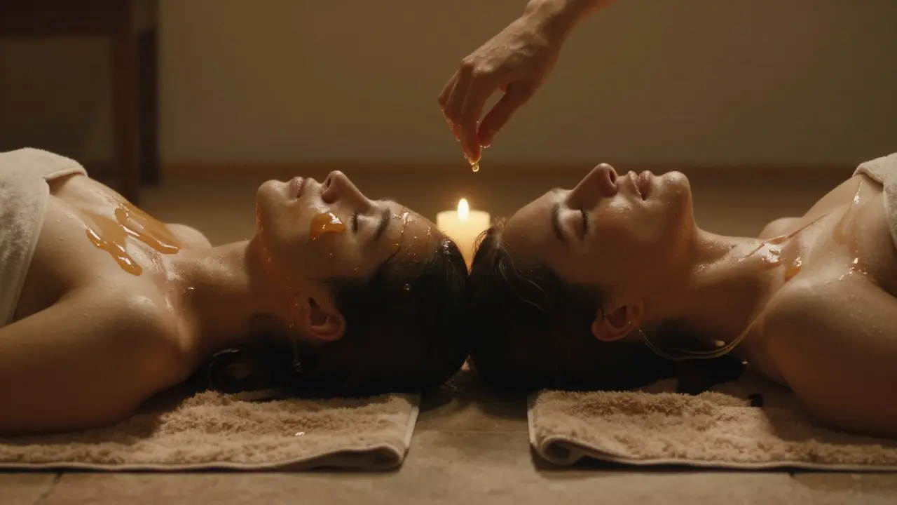 Dva lidé leží vedle sebe, med se pomalu odlepívá od jejich kůže v tichém okamžiku blízkosti.