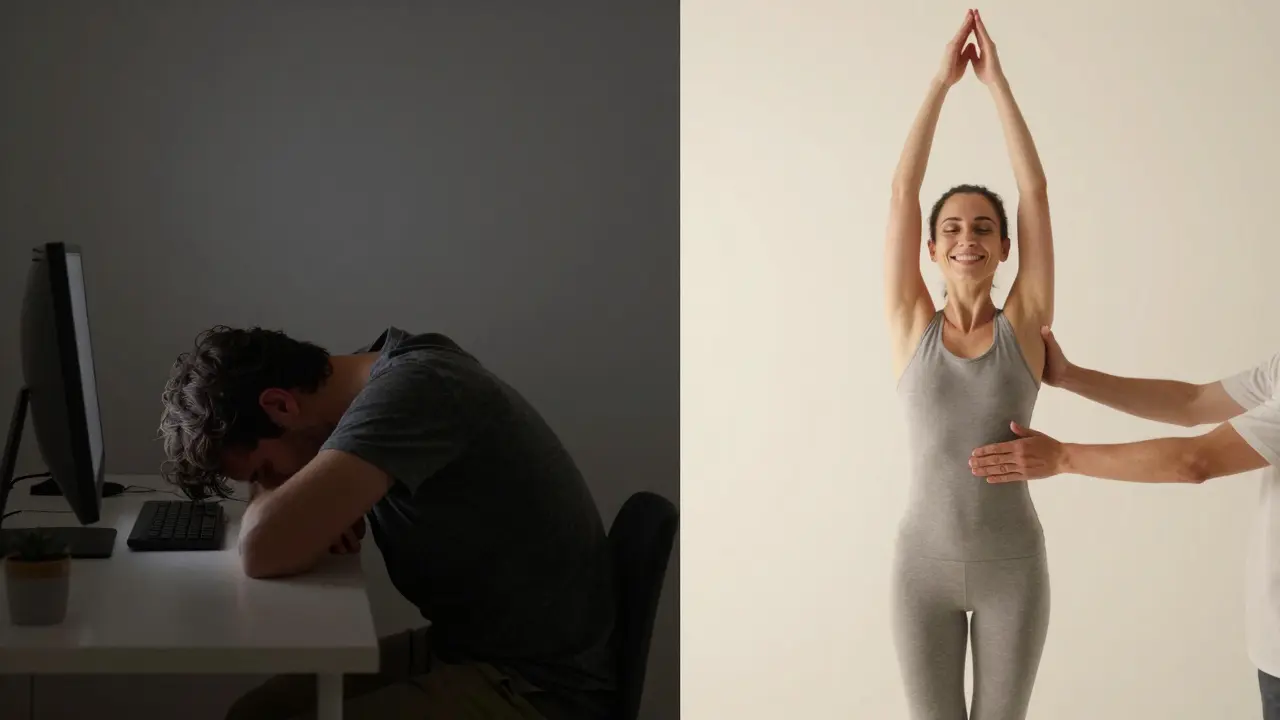 Kontrast mezi napjatým seděním u počítače a uvolněným stojem po masáži.