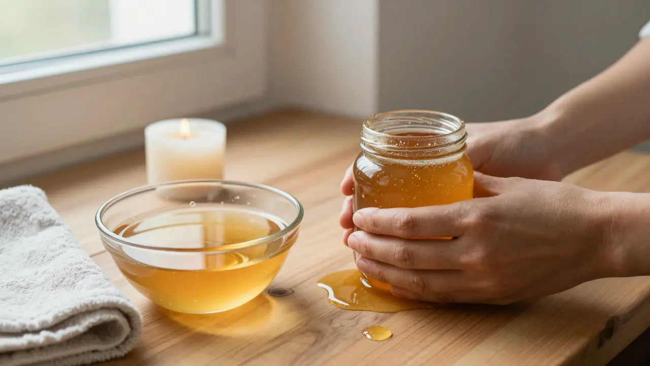 Ruce drží nádobu s přírodním medem, svíčka a ručník na dřevěném povrchu.