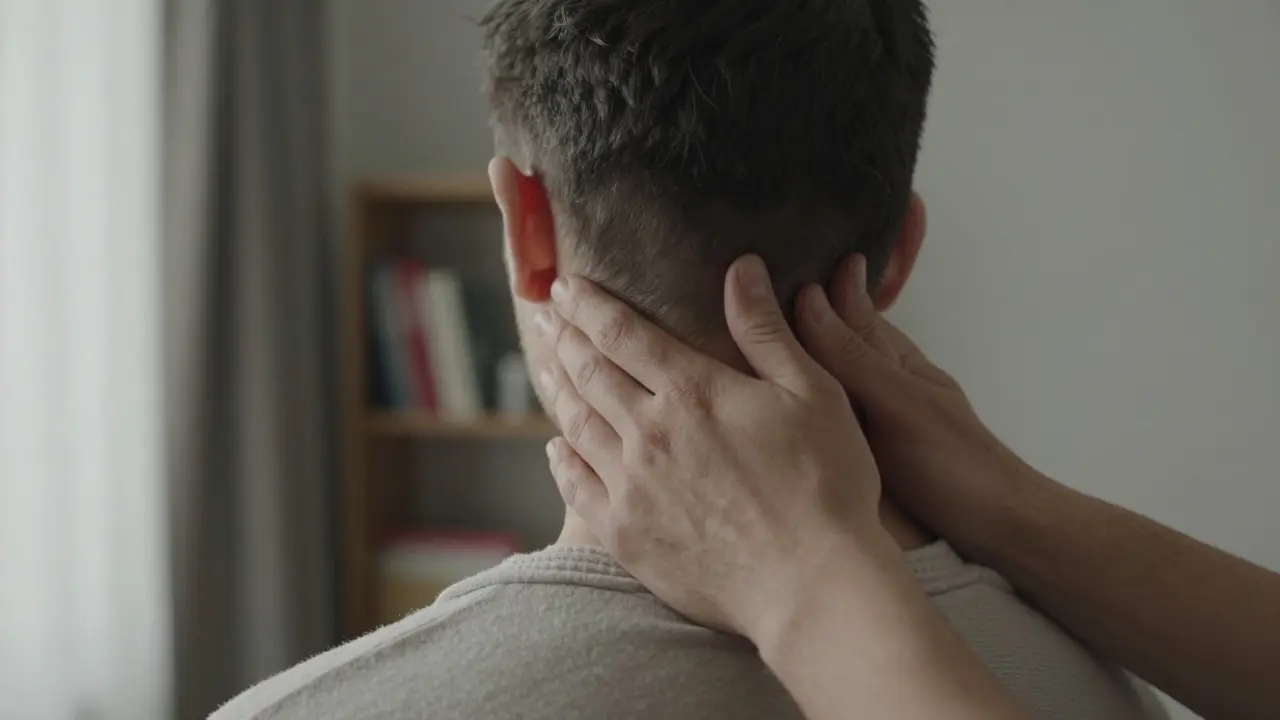 Ruce masírují zátylek a horní část ramen s jemným, pomalým tlakem bez použití olejů.