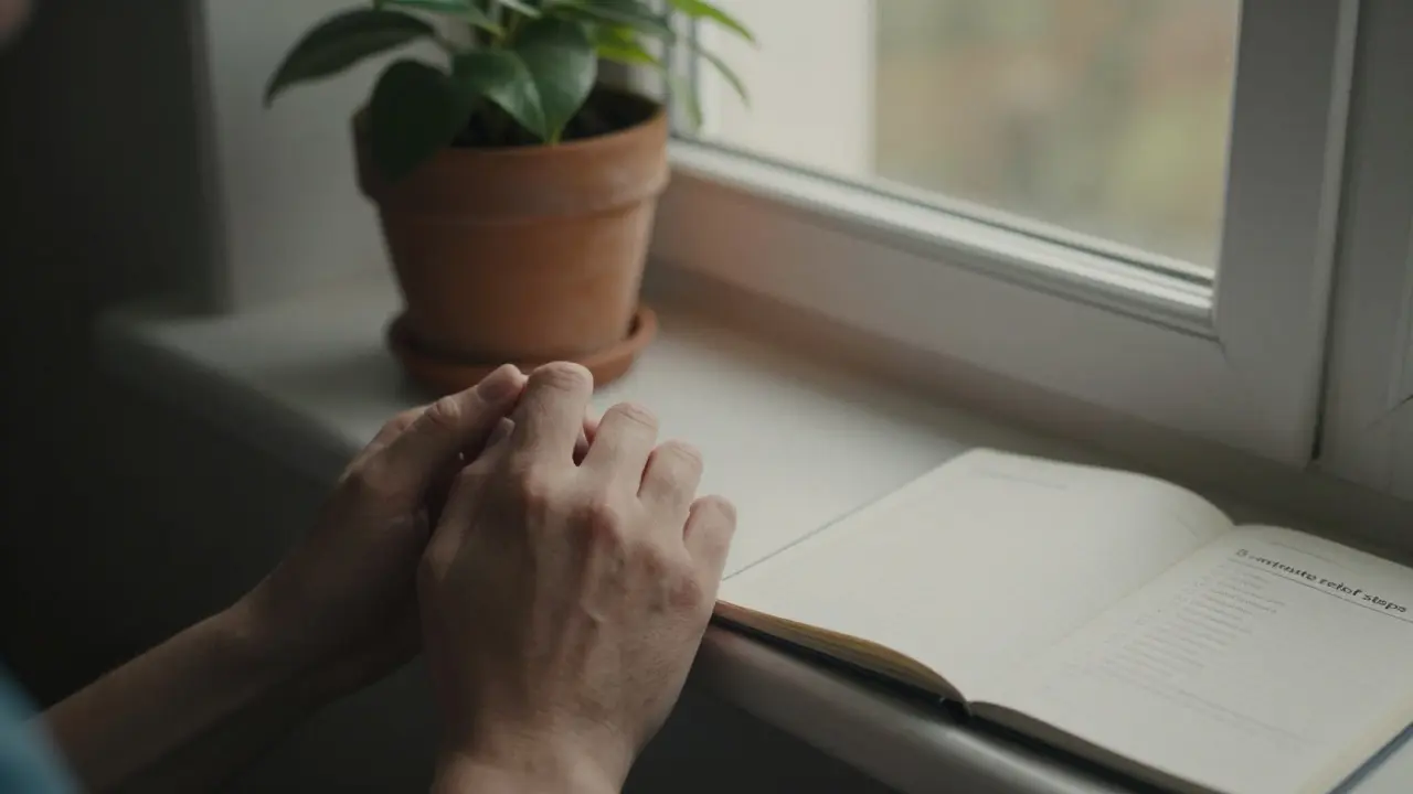 Ruka masíruje základ lebky při světle z okna, na pozadí nábytek a rostlina.