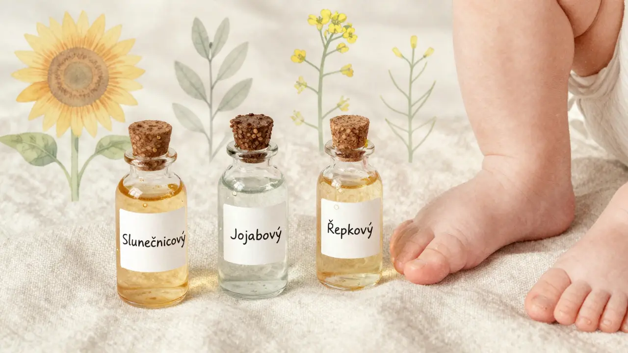 Tři čisté oleje pro masáž kojenců: slunečnicový, jojobový a řepkový na lněné látně.
