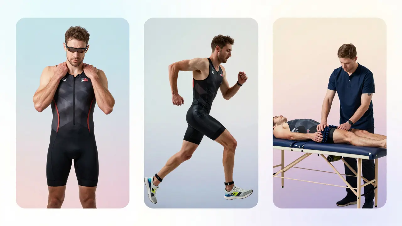 Tři scény atleta: před závodem, během a po závodě s masáží.