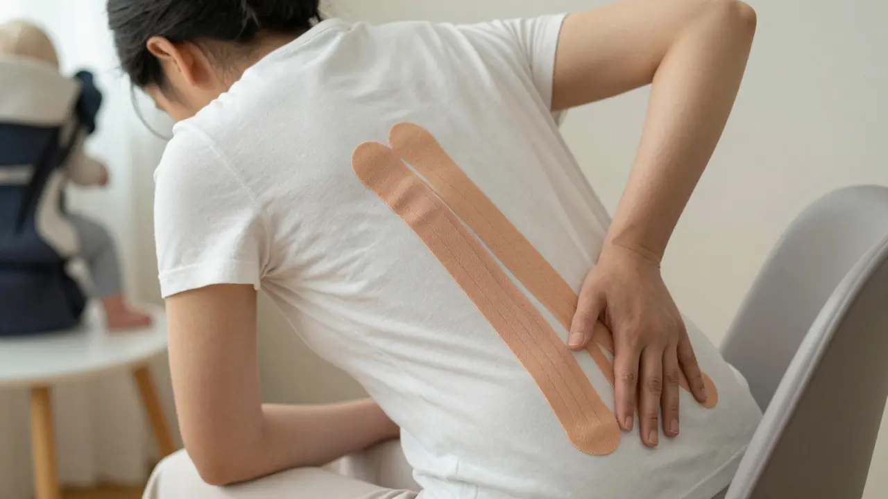 Žena po porodu se dotýká tejpování na boku, při vstávání z židle.