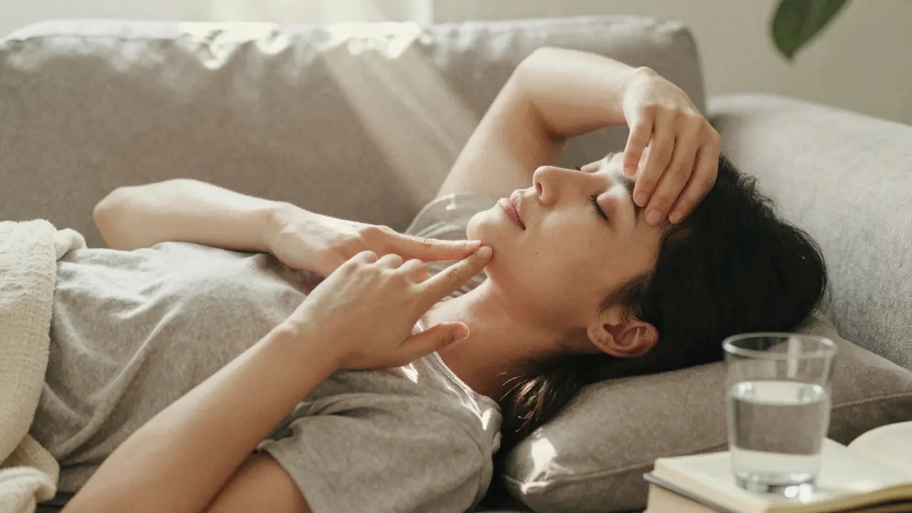 Žena sama masíruje bod na ruce a drží ruku na čele, klidně leží na sofa v mírném světle.