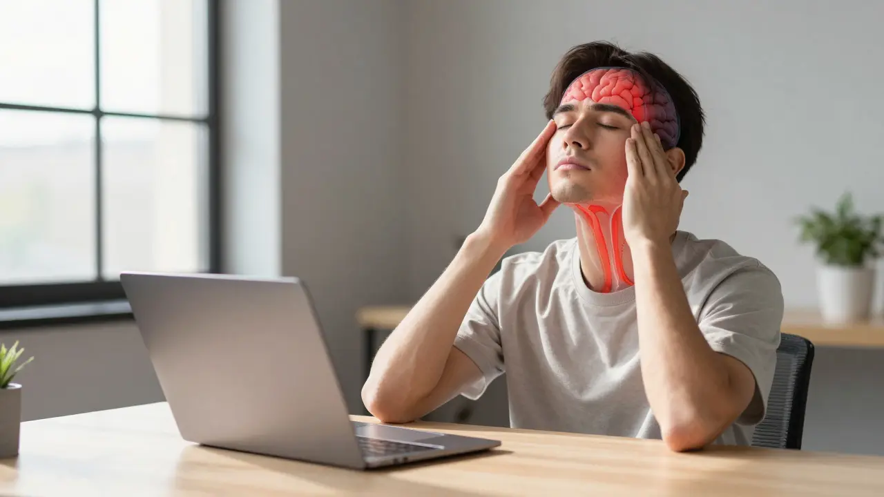 Člověk si masíruje temporal oblast v kanceláři, přičemž průhledná vrstva ukazuje zlepšený krevní oběh do mozku.