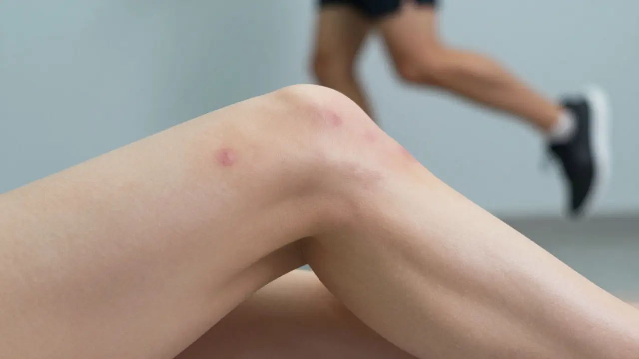 Detail kolen a stehna s dočasnými červenými skvrnami po vakuoterapii, symbolizující zlepšený krevní oběh.