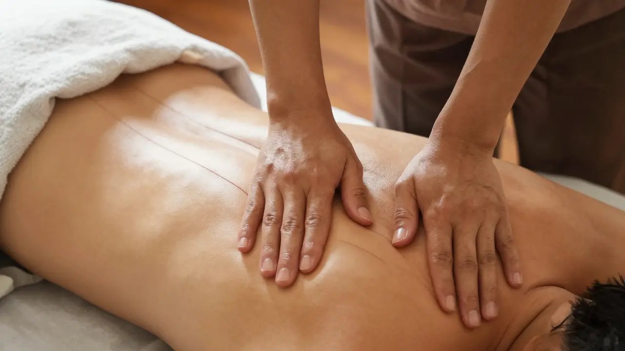 Detail ruky terapeuta aplikujícího akupresuru na záda klienta během thajské masáže.