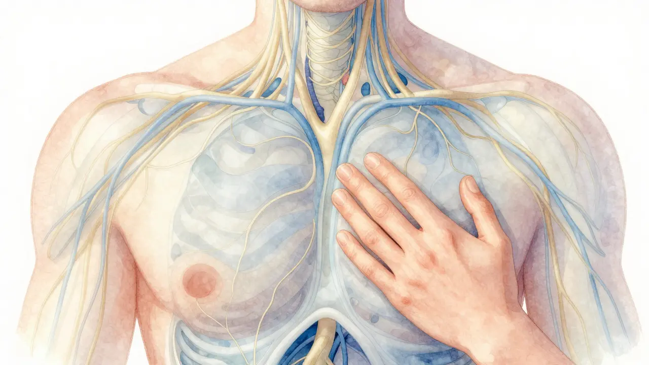 Ilustrace lymfatického toku směrem k uzlinám v oblasti podpaží a klíční kosti.