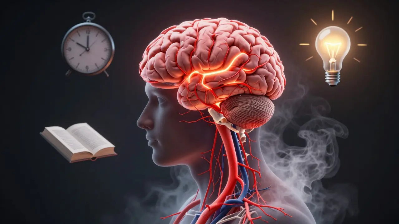 Ilustrace mozku s volně proudící krví, kde napětí v krku a ramenách mizí, zatímco paměť a koncentrace vzrůstají.